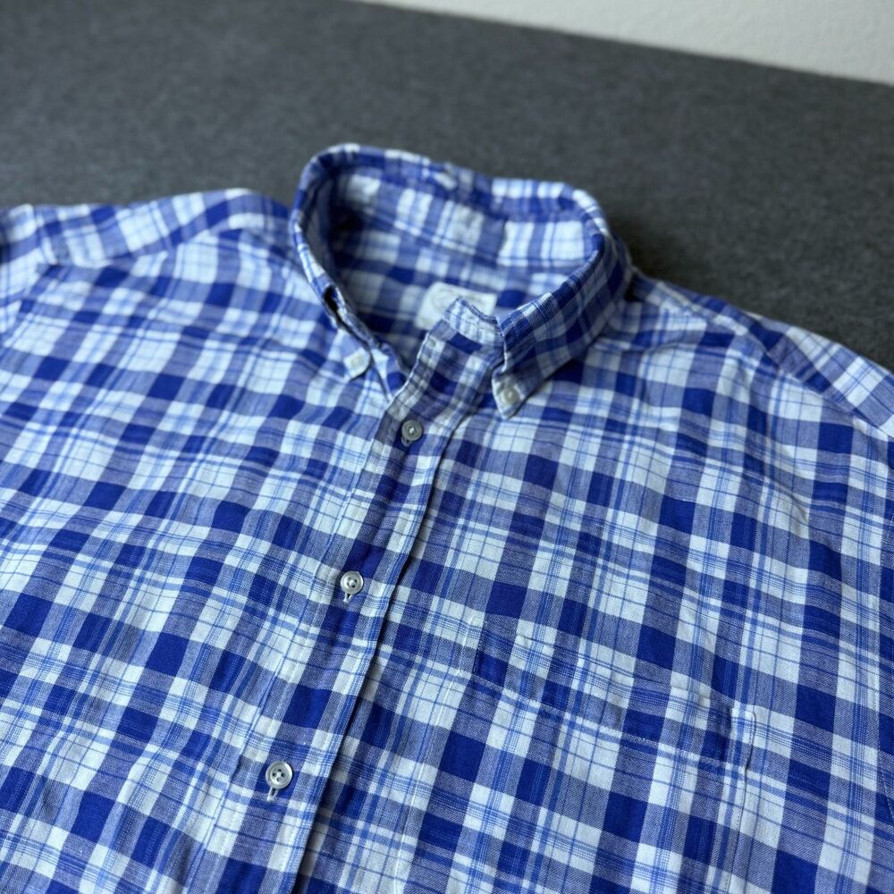 Brooks Brothers Shirt Mens Large Blue Plaid Linen/Cotton Button Down Long Sleeve
